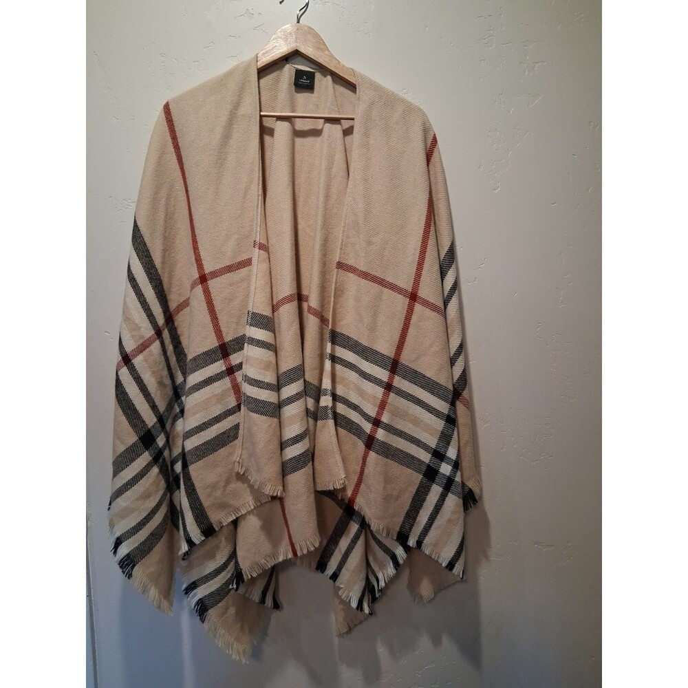 V FRAAS Nova Check Camel Plaid Scarf Wrap Poncho Fringe One Size Winter Preppy